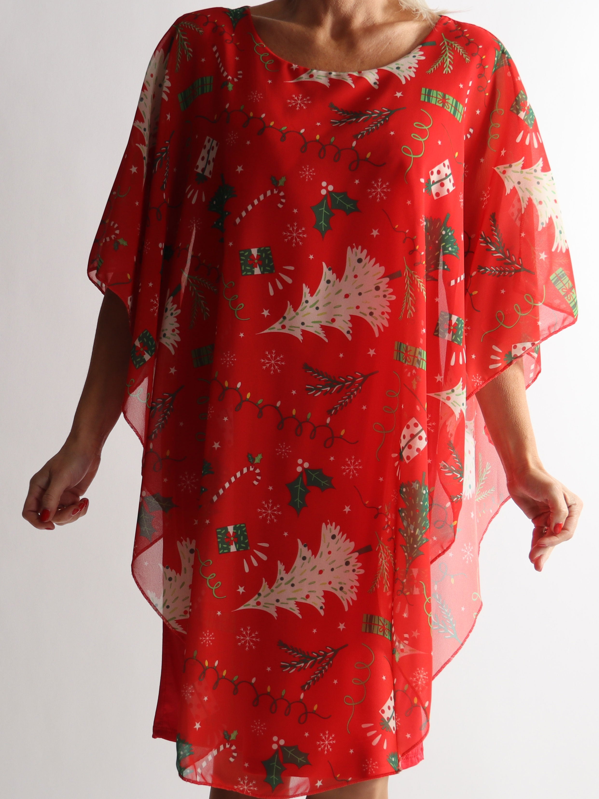 Kenya Christmas - Tunikaklänning i plus size med chiffonglager med julmotiv
